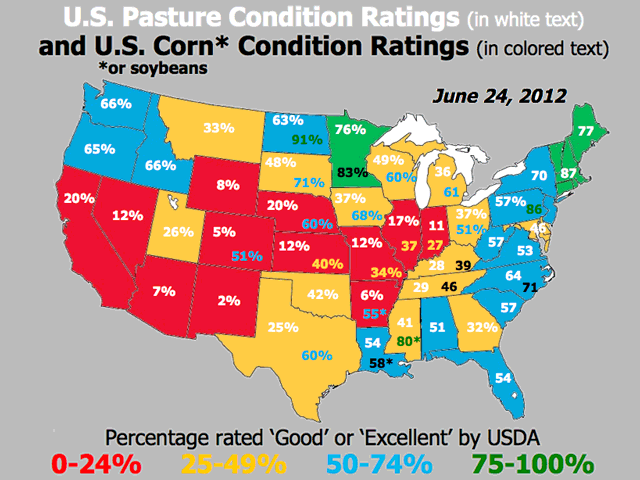 On this map, any state not colored in blue or green has more than half its pasture acres in danger of losing yield. (Map courtesy USDA)